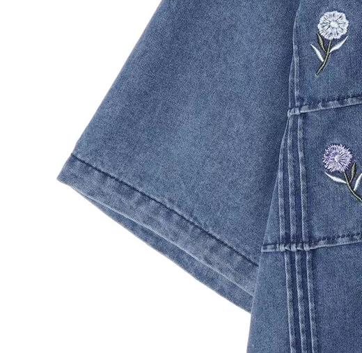 夏季新款牛仔男士衬衫百搭小小花朵刺绣上衣潮流宽松休闲短袖 商品图4