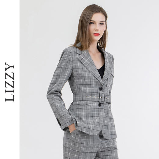 LIZZY 2024英伦风格纹西装裙型衣摆外套+裤子套装（配腰带）7367 商品图1