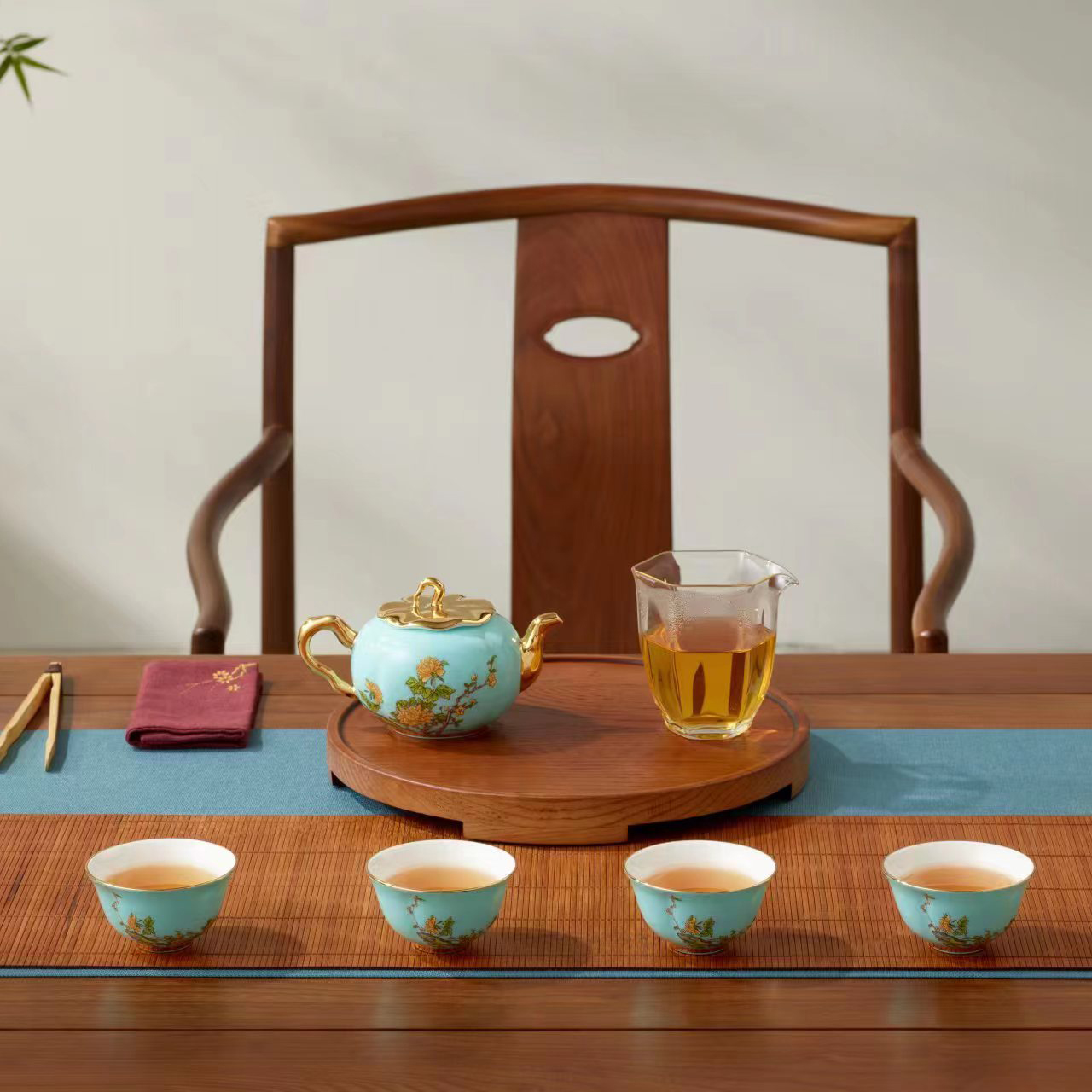 永丰源 西湖蓝 6头/7头茶具陶瓷轻奢三才盖碗功夫茶具客厅家用下午茶