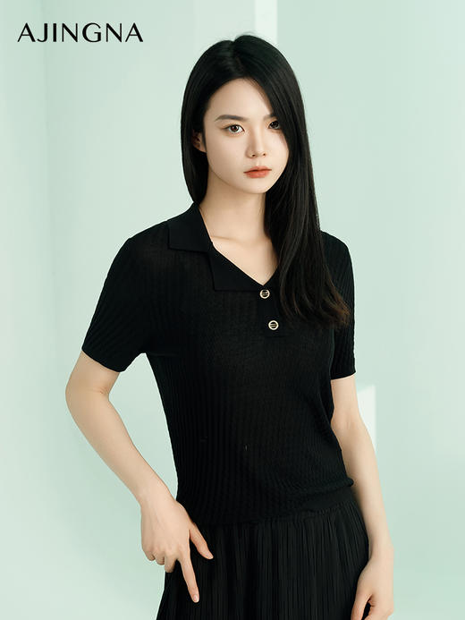 【商场同款】阿菁娜2024夏季新款翻领简雅松弛感针织衫A29X301012 商品图1