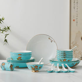 永丰源 夫人瓷西湖蓝22头中餐具 6人位家用餐具陶瓷饭碗汤盘套装