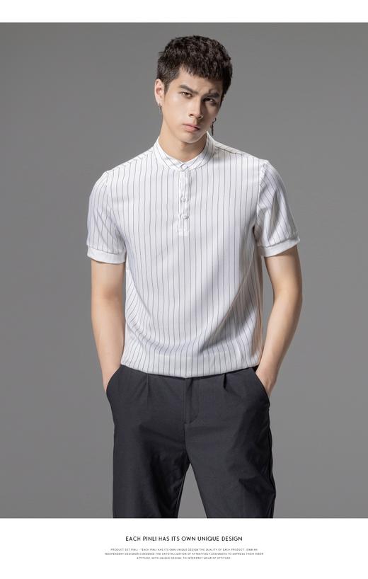PINLI品立2024夏季新款商务休闲短袖衬衫男条纹立领修身衬衣上衣B242113154 商品图7