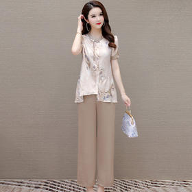 新中式国风盘扣印花小衫+直筒阔腿裤长裤妈妈装两件套QYM-LRX-YZY2471-Y