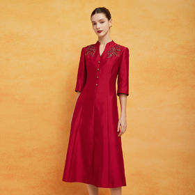 PF8F4斯尔丽2024新款立体钉珠宴会着装丝毛质感七分袖放摆中长连衣裙