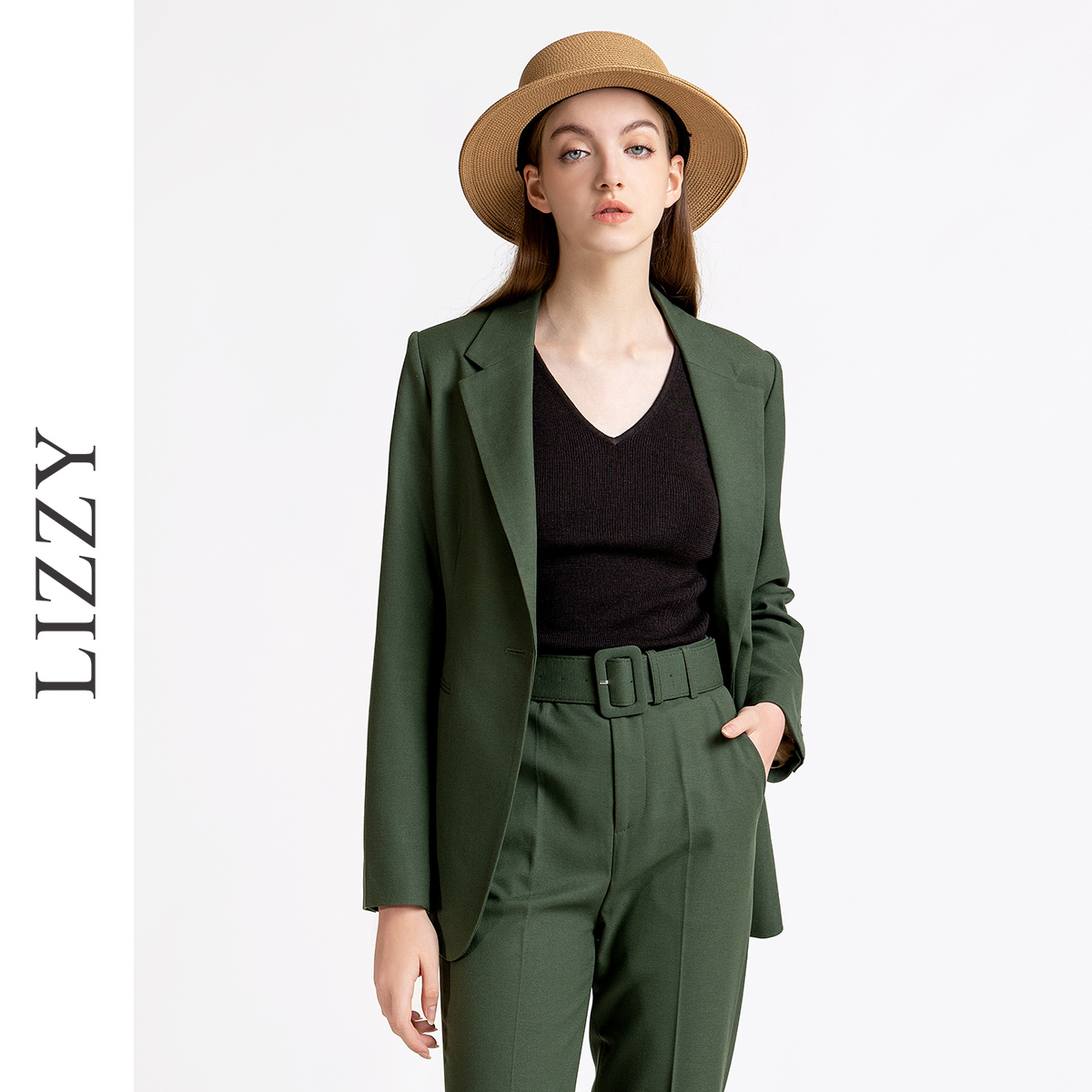 LIZZY 早秋时尚复古老钱风帅气通勤知性优雅墨绿色西装外套7872