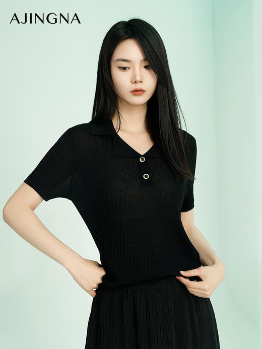 【商场同款】阿菁娜2024夏季新款翻领简雅松弛感针织衫A29X301012 商品图2