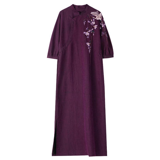 牧衣游原创 手工刺绣紫香云纱连衣裙新款龟裂纹复古改良旗袍 流水 商品图4