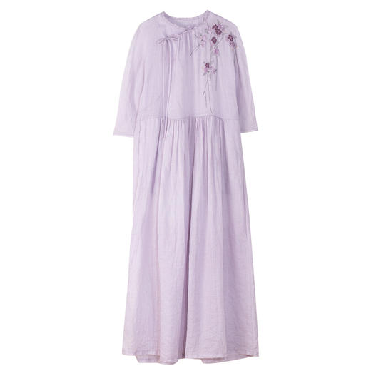 牧衣游原创手工刺绣苎麻连衣裙女新款轻薄紫色新中式长裙 江风梦 商品图4