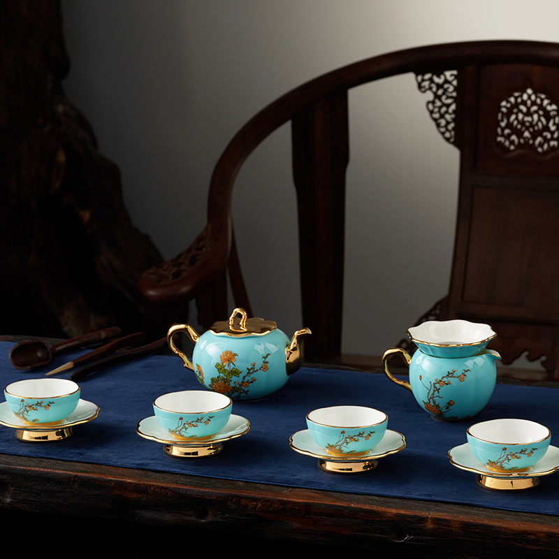 永丰源夫人瓷西湖蓝12头茶具茶具陶瓷杯简约杯子家用