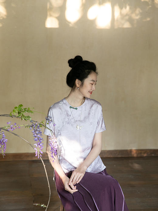 牧衣游原创 炒色真丝混纺衬衫女夏新款光泽轻薄复古文艺上衣 庭花 商品图0