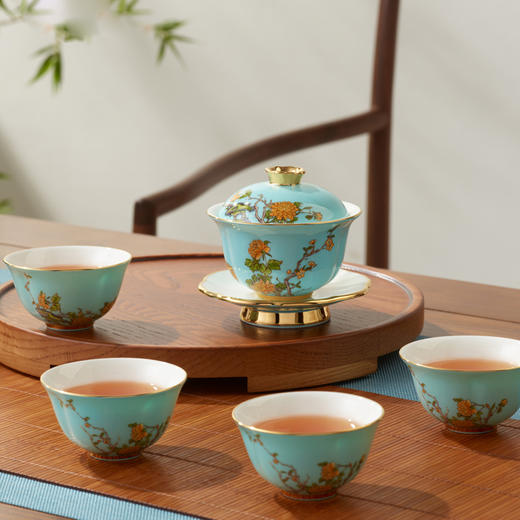 永丰源 西湖蓝 6头/7头茶具陶瓷轻奢三才盖碗功夫茶具客厅家用下午茶 商品图1