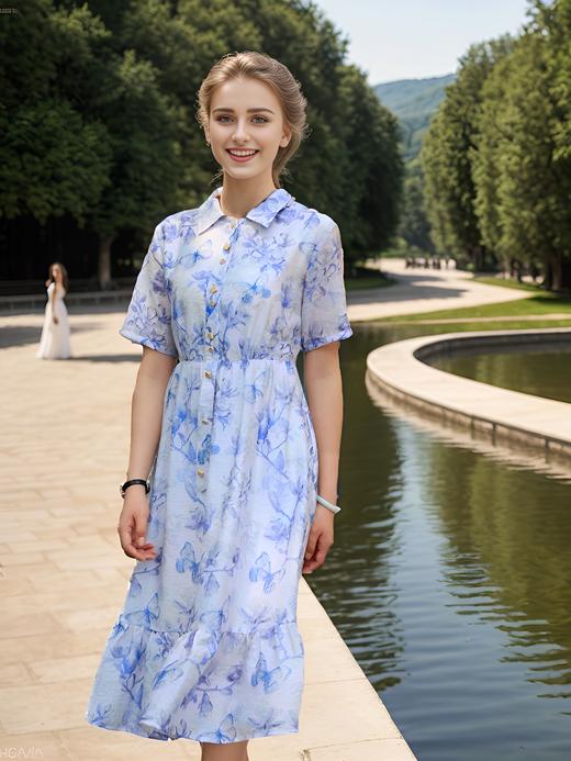 小翻领断腰碎褶摆荷叶连衣裙 商品图2