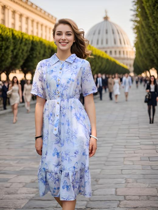 小翻领断腰碎褶摆荷叶连衣裙 商品图1