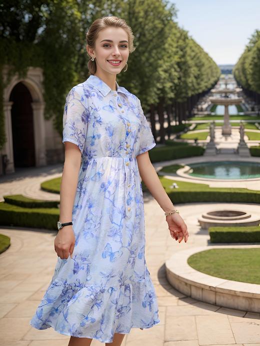 小翻领断腰碎褶摆荷叶连衣裙 商品图0