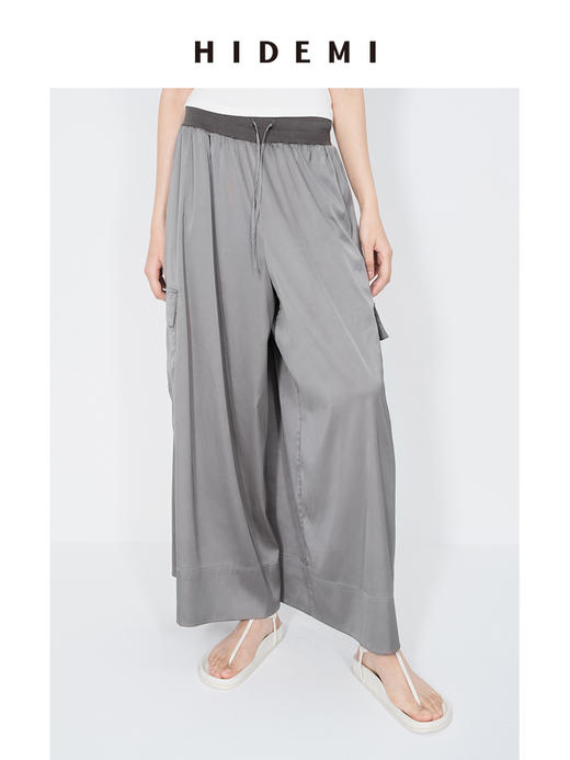 HIDEMI 极简工装口袋缎面款腰松紧腰飘逸柔顺阔腿裤 炭灰色/黑色 商品图2