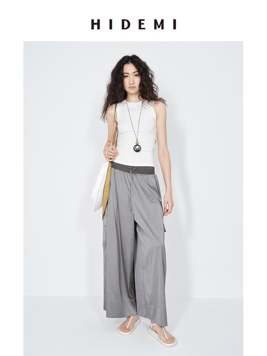 HIDEMI 极简工装口袋缎面款腰松紧腰飘逸柔顺阔腿裤 炭灰色/黑色 商品图7