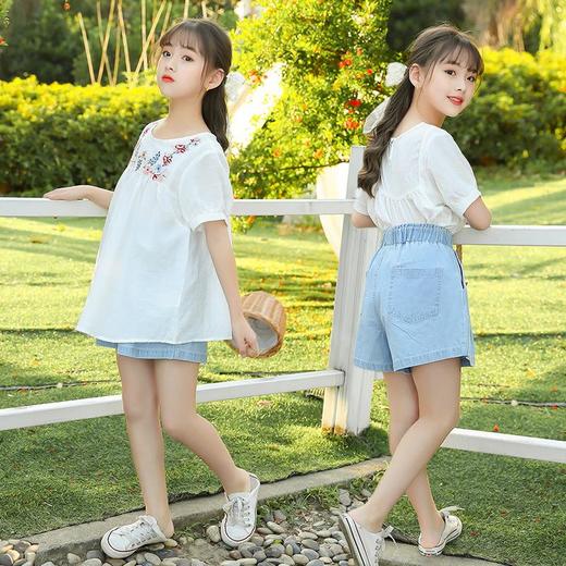 刺绣女童套装2024夏季新款中大童棉麻短袖儿童T恤牛仔短裤两件套 商品图1