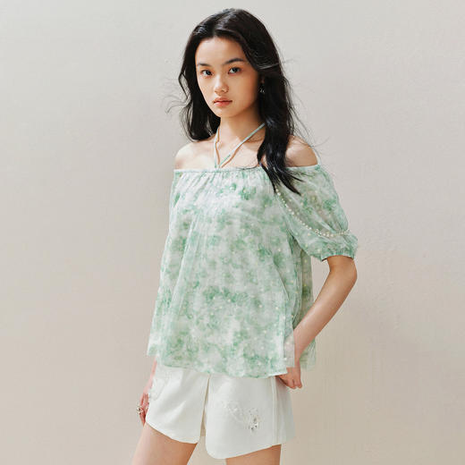 MAXRIENY花幻彩波点印花雪纺衫夏季一字肩上衣女修身显瘦 商品图3