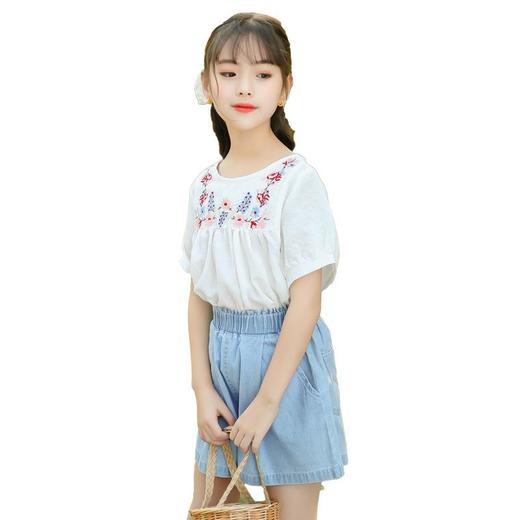 刺绣女童套装2024夏季新款中大童棉麻短袖儿童T恤牛仔短裤两件套 商品图4