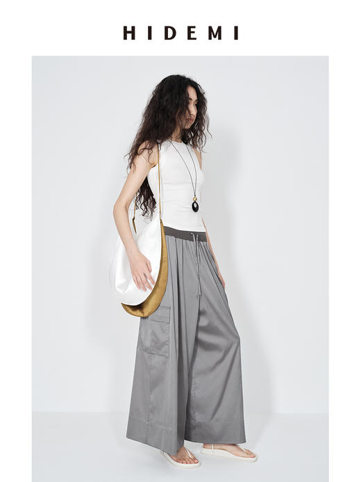 HIDEMI 极简工装口袋缎面款腰松紧腰飘逸柔顺阔腿裤 炭灰色/黑色 商品图8