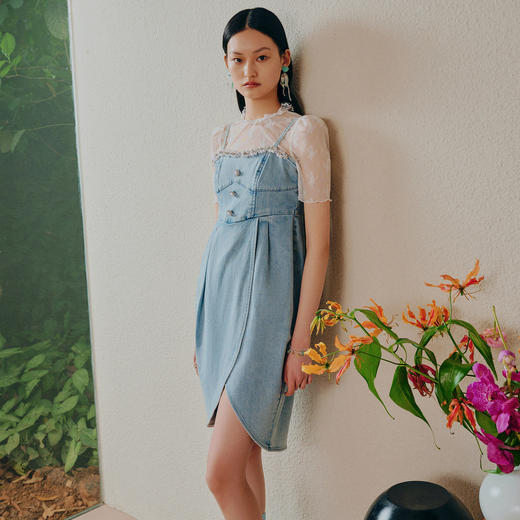 MAXRIENY园艺风氛围感吊带连衣裙花苞开叉牛仔裙子夏 商品图0