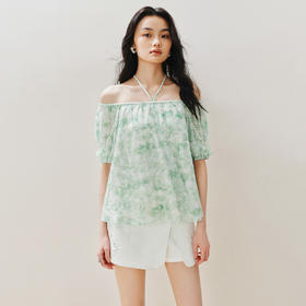 MAXRIENY花幻彩波点印花雪纺衫夏季一字肩上衣女修身显瘦