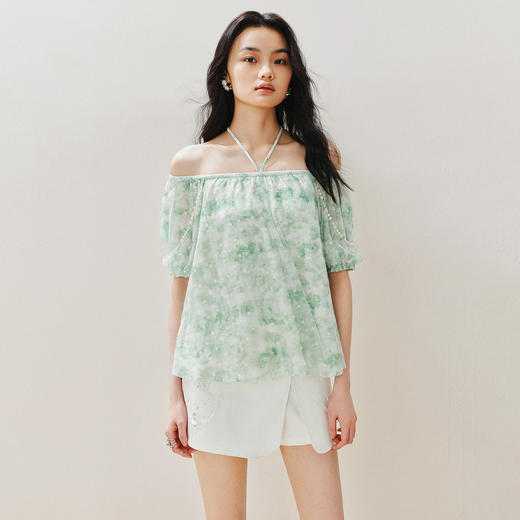 MAXRIENY花幻彩波点印花雪纺衫夏季一字肩上衣女修身显瘦 商品图0