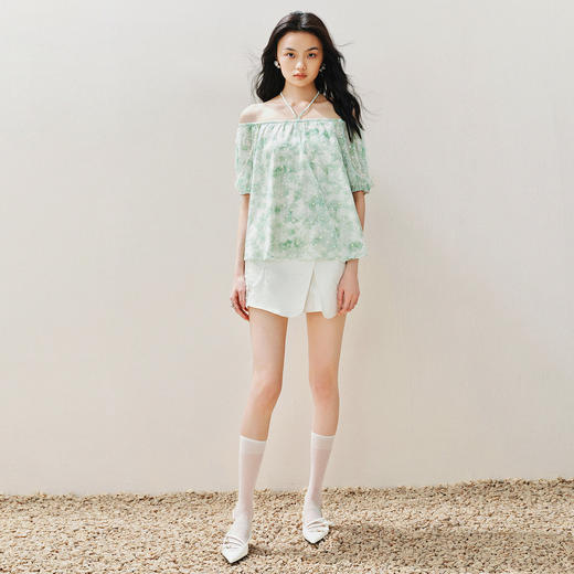 MAXRIENY花幻彩波点印花雪纺衫夏季一字肩上衣女修身显瘦 商品图1