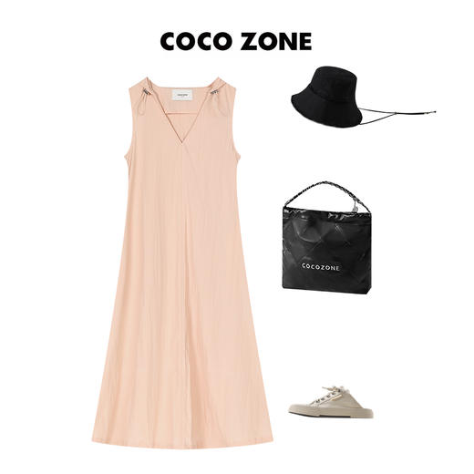 COCO ZONE 高级感连衣裙纯色无袖V领抽绳带帽裙子 23C18964 商品图4