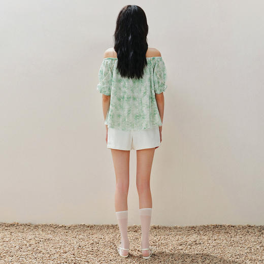 MAXRIENY花幻彩波点印花雪纺衫夏季一字肩上衣女修身显瘦 商品图4