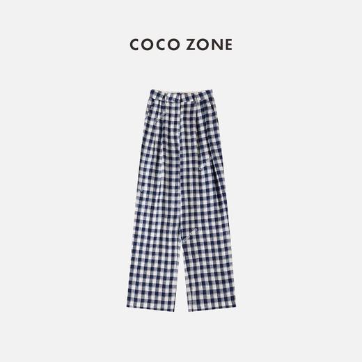 COCO ZONE 蓝色格子休闲库修身款撞色收褶女长裤 23C18767 商品图0