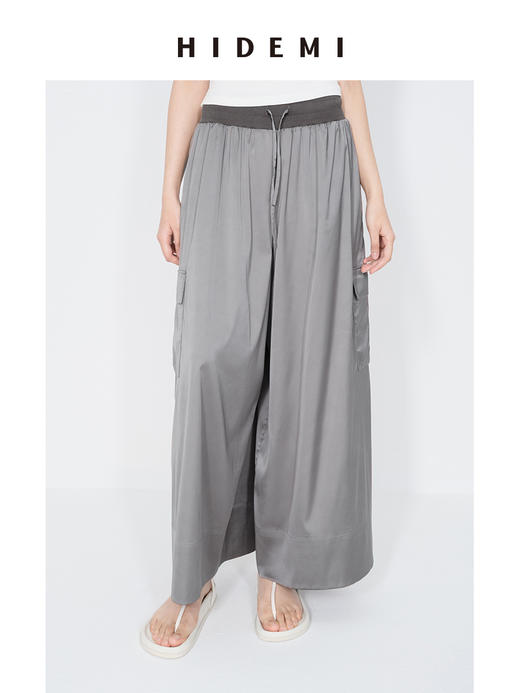 HIDEMI 极简工装口袋缎面款腰松紧腰飘逸柔顺阔腿裤 炭灰色/黑色 商品图1