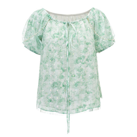 MAXRIENY花幻彩波点印花雪纺衫夏季一字肩上衣女修身显瘦 商品图2