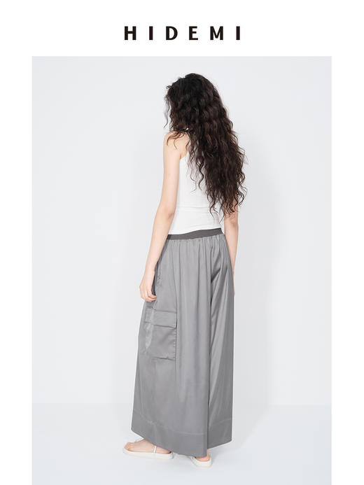 HIDEMI 极简工装口袋缎面款腰松紧腰飘逸柔顺阔腿裤 炭灰色/黑色 商品图9