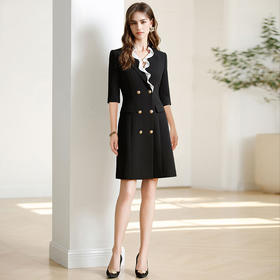 AD黑色西装连衣裙女职业连身裙2024早春新款女装荷叶边ol西服裙子