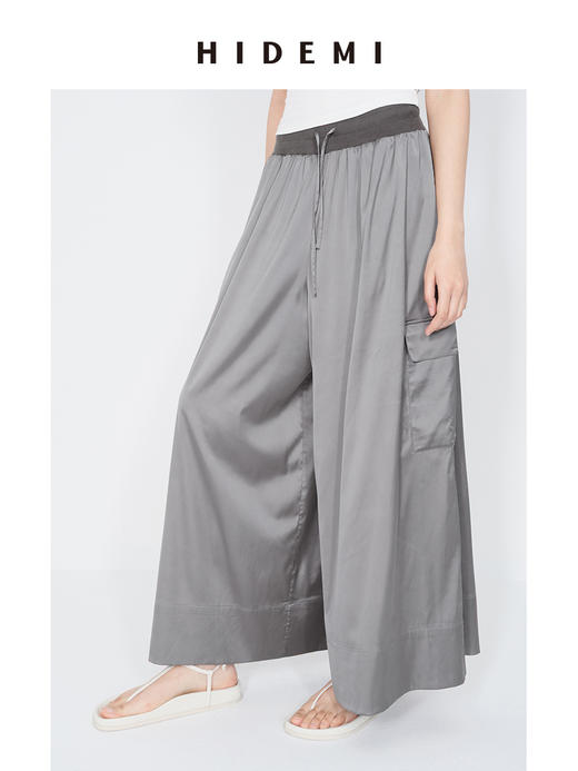HIDEMI 极简工装口袋缎面款腰松紧腰飘逸柔顺阔腿裤 炭灰色/黑色 商品图10