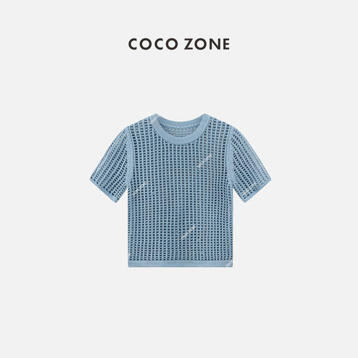COCO ZONE“水蓝釉”夏季时尚镂空圆领针织衫简约修身短袖套头上衣CC2B0734 商品图0