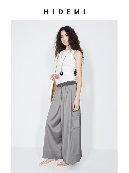 HIDEMI 极简工装口袋缎面款腰松紧腰飘逸柔顺阔腿裤 炭灰色/黑色 商品图0