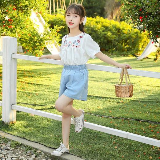 刺绣女童套装2024夏季新款中大童棉麻短袖儿童T恤牛仔短裤两件套 商品图3