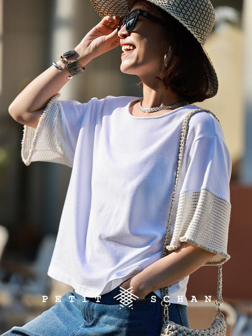 PETIT SCHAN小闪 CLO#515 distinctive white 不简单的小白 棉麻针织拼接手钩花边短袖T恤 商品图0