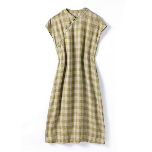 HM复古格纹色织亚麻改良旗袍 2024春夏原创新款国风无袖立领连衣裙 商品图4