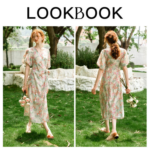 欧芮儿法式复古V领收腰碎花连衣裙女夏季2024新款收腰茶歇印花裙 商品图4