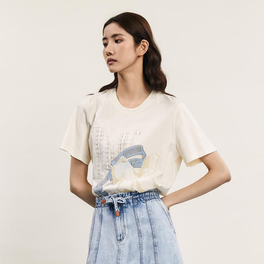 谜底T恤短袖女士2024年夏季新品文艺风圆领贴布绣花上衣242MT0712 商品图3