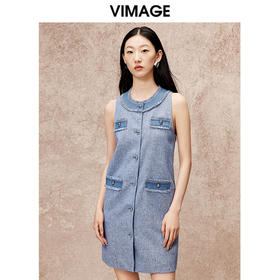 VIMAGE纬漫纪秋季新款复古法式气质显瘦高腰无袖连衣裙V2207803