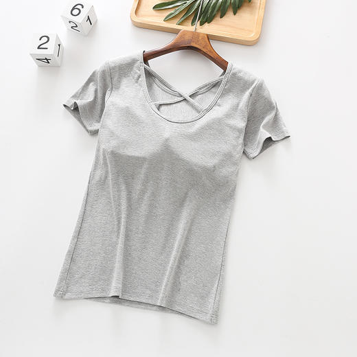 棉美背螺纹女内搭【带胸垫t恤罩杯一体短袖】夏季外穿打底衫 半袖上衣  商品图6