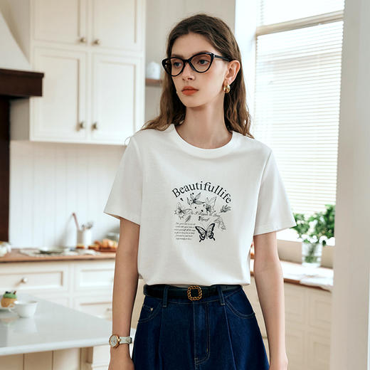 OLrain欧芮儿米白色短袖T恤女夏季2024新款通勤百搭趣味印花上衣 商品图1