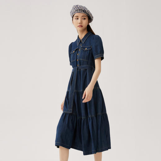 谜底牛仔连衣裙短袖女2024夏季款复古文艺后背刺绣长裙247ML5101 商品图1