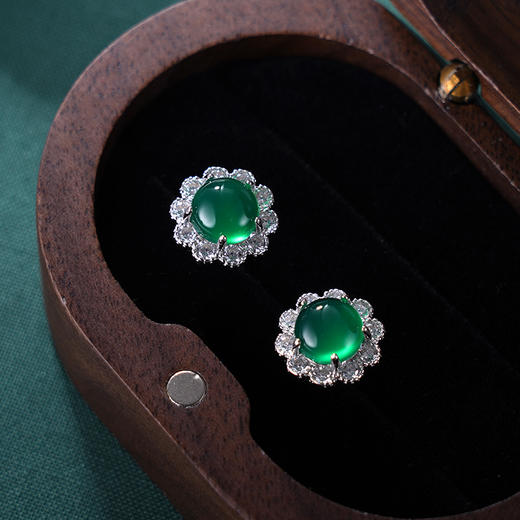 子佩集S925银【绿意生花】耳钉【ED0220630】纯银绿玉髓圆形2405 商品图1