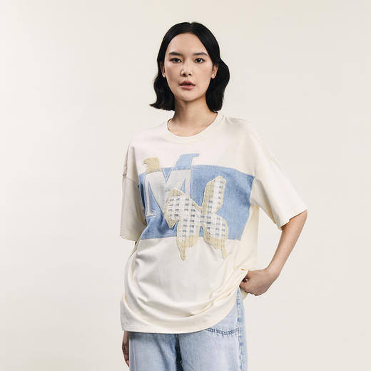 谜底中长款T恤短袖女2024年夏季新品文艺风圆领绣花上衣242MT0593 商品图1