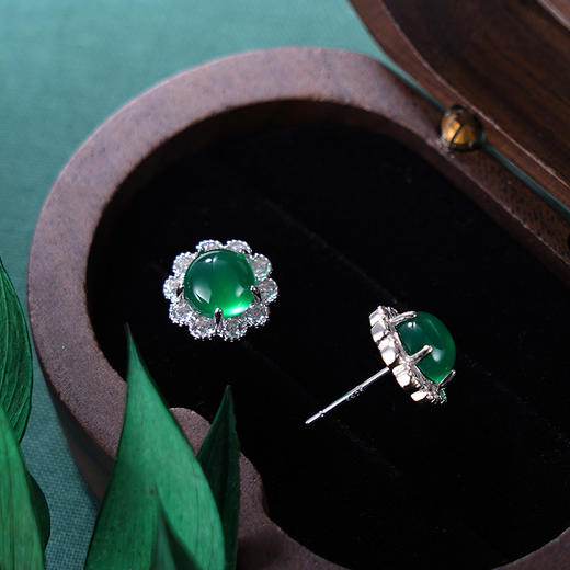 子佩集S925银【绿意生花】耳钉【ED0220630】纯银绿玉髓圆形2405 商品图2